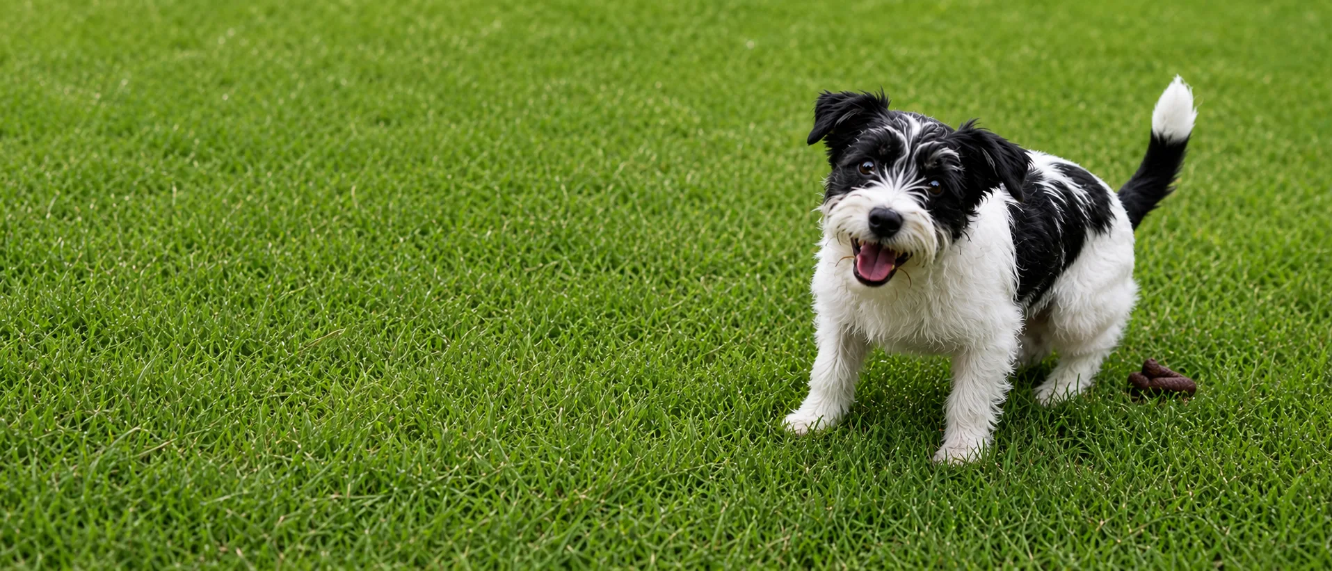 Black and white dog relaxing on green turf