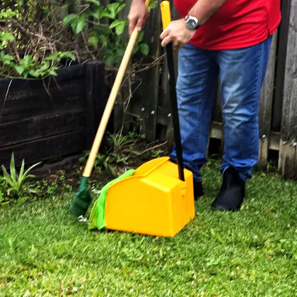Philippe scooping dog waste from a Gold Coast lawn